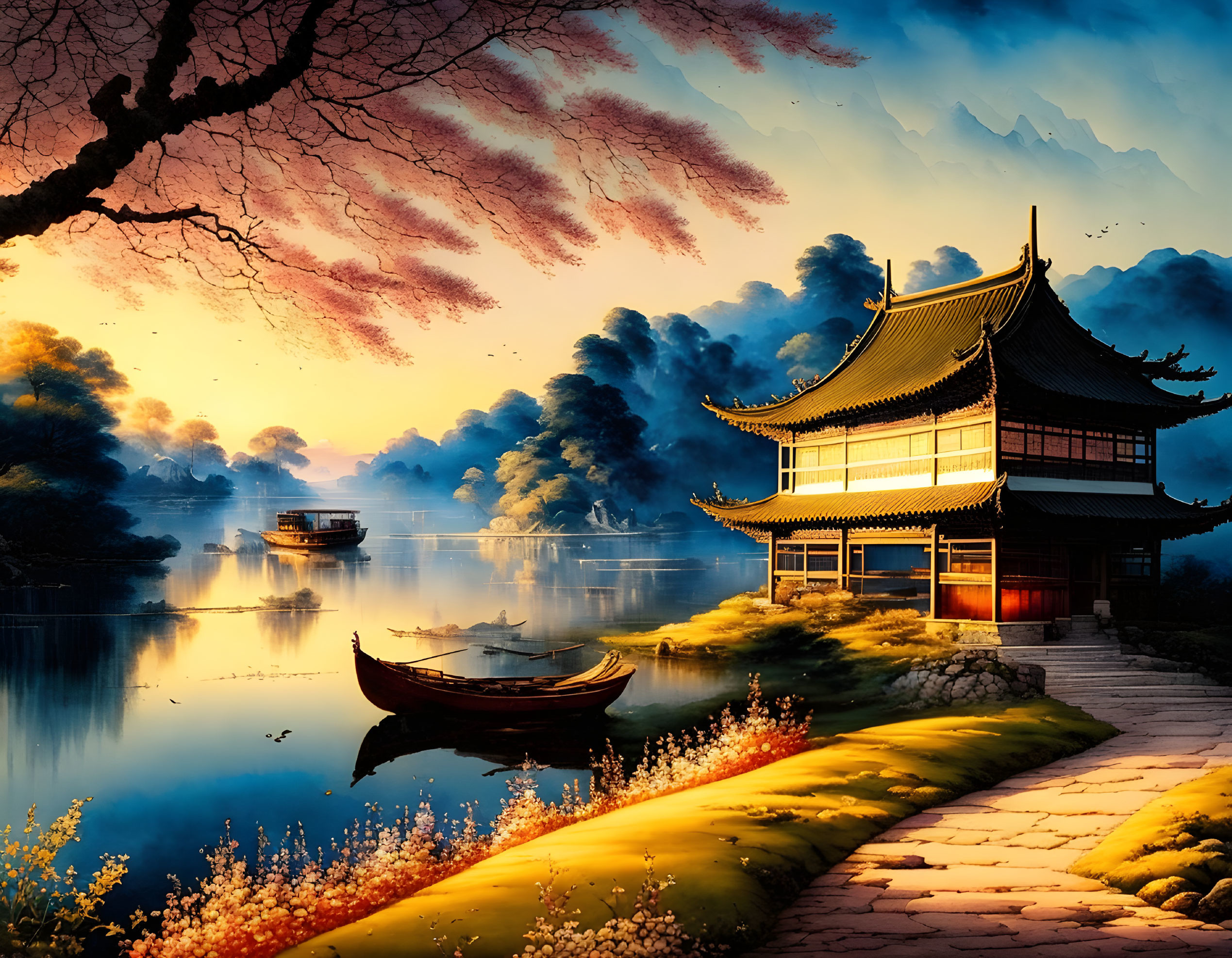 Asian Pavilion by Tranquil Lake at Sunset with Cherry Blossoms and Boat