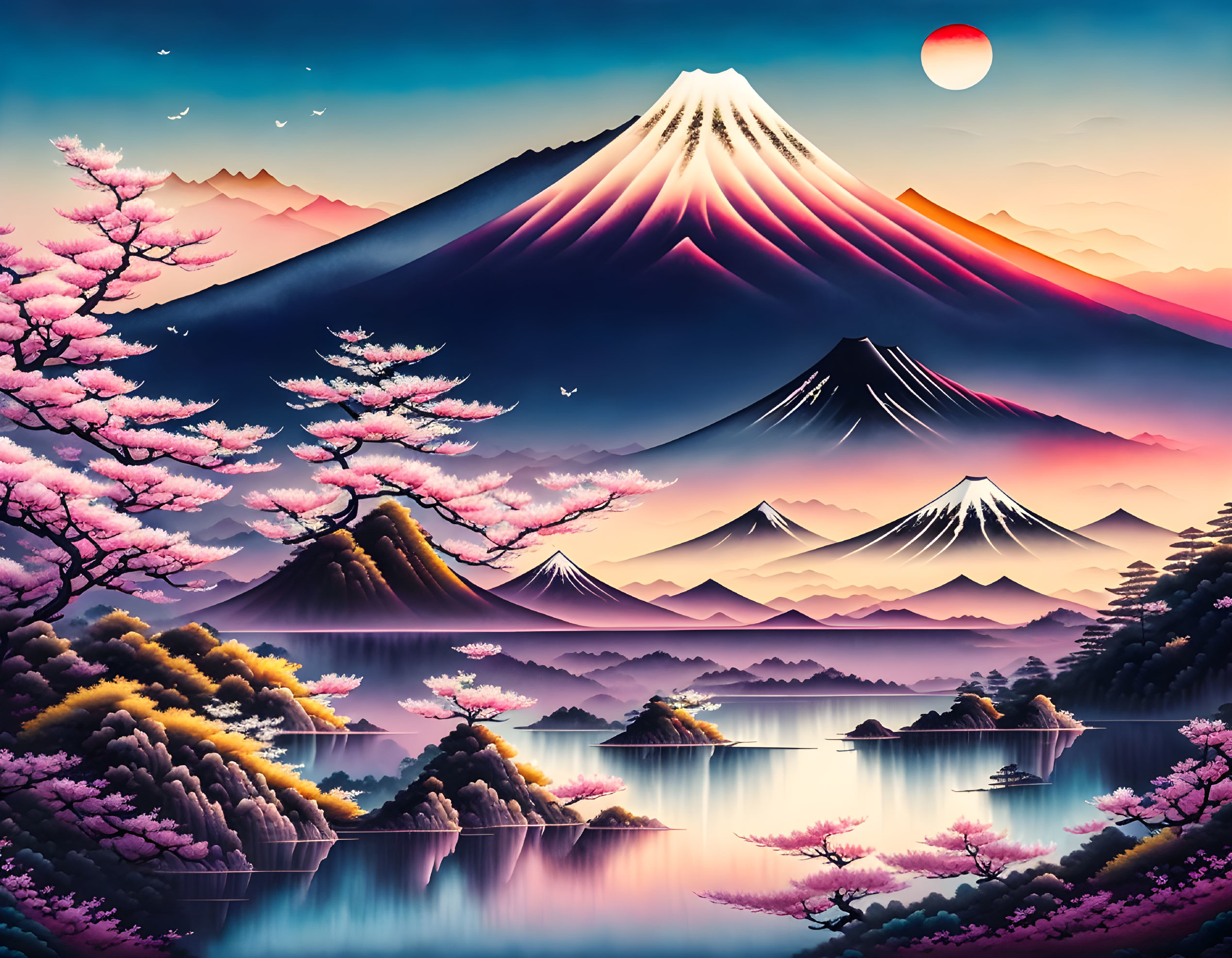 Colorful landscape with snow-capped mountains, cherry blossoms, lake, and birds at sunset