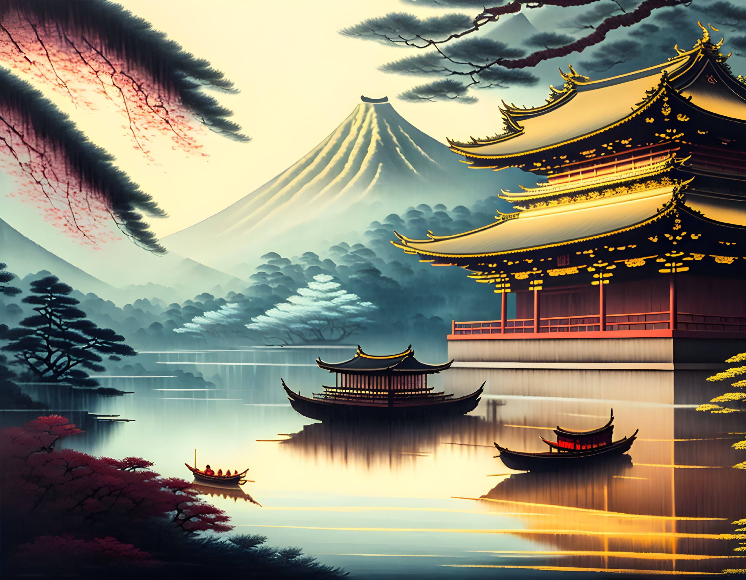 Japanese landscape: Mount Fuji, pagoda temples, boats, autumn trees in serene dusk.