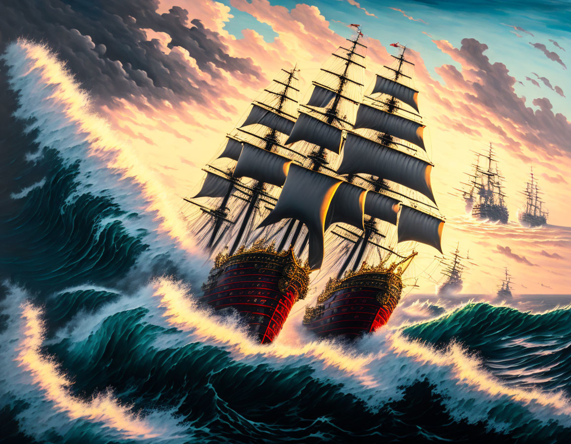 Tall ships with billowing sails on tumultuous ocean waves