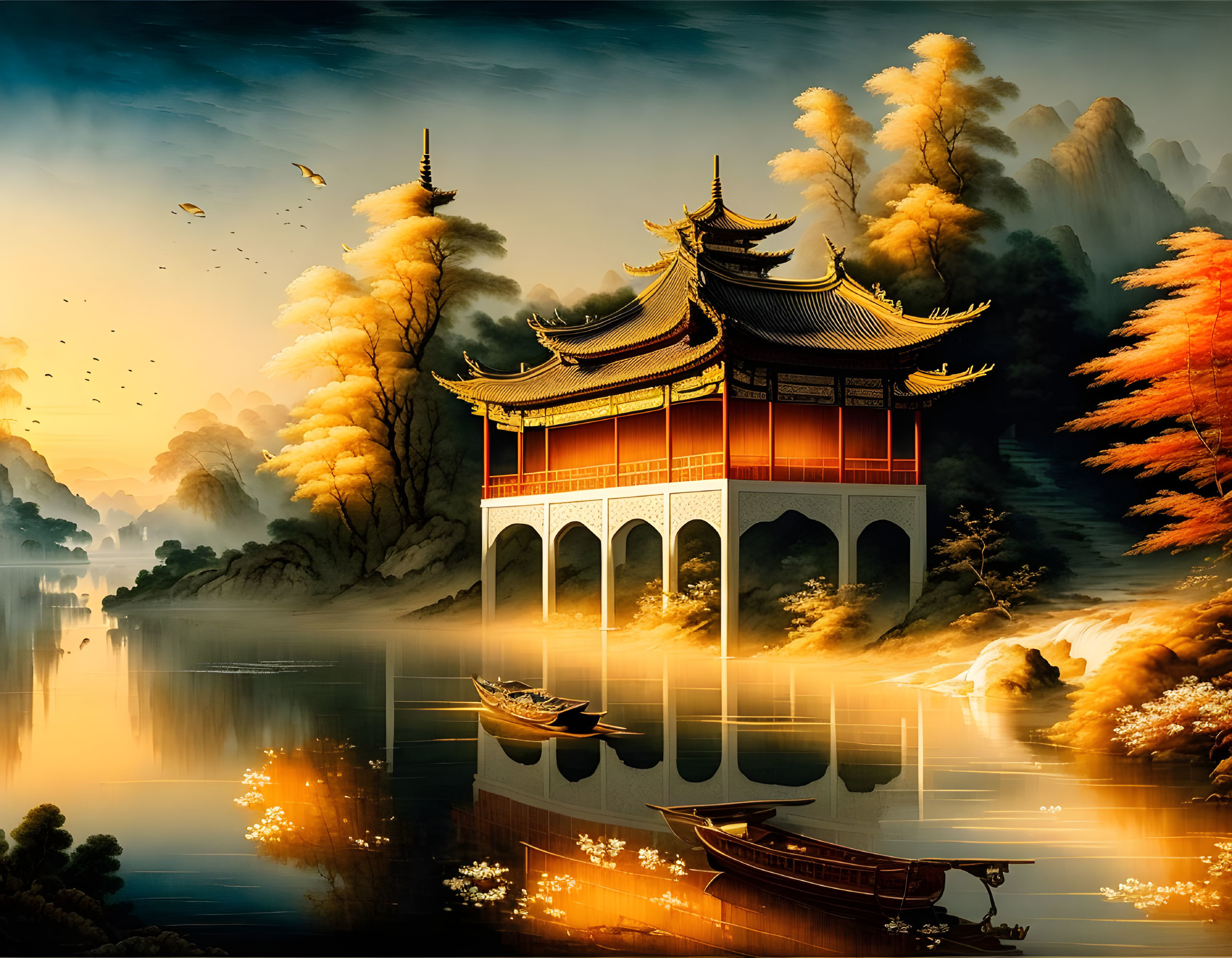 Traditional Asian Pavilion Reflecting on Water with Autumnal Trees, Boats, and Birds at Sunrise or