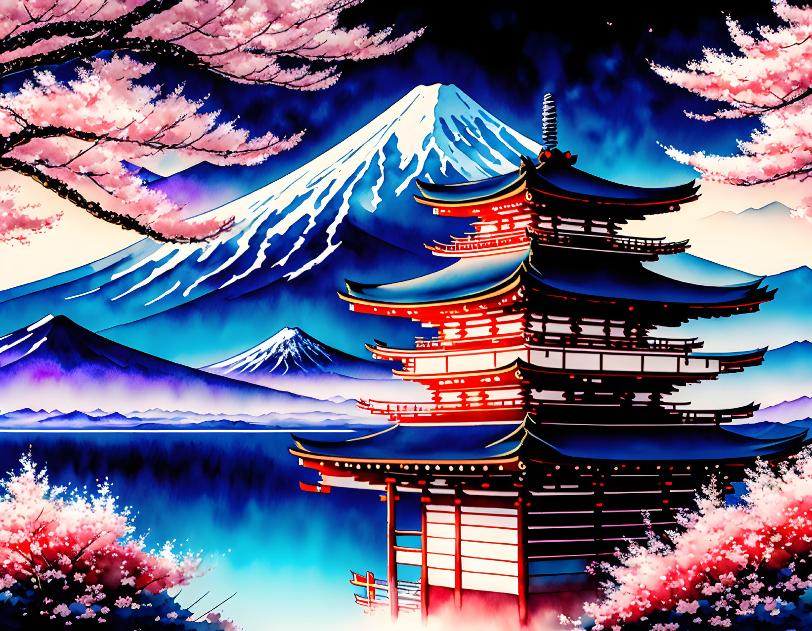 Japanese pagoda with cherry blossoms and Mount Fuji in twilight landscape