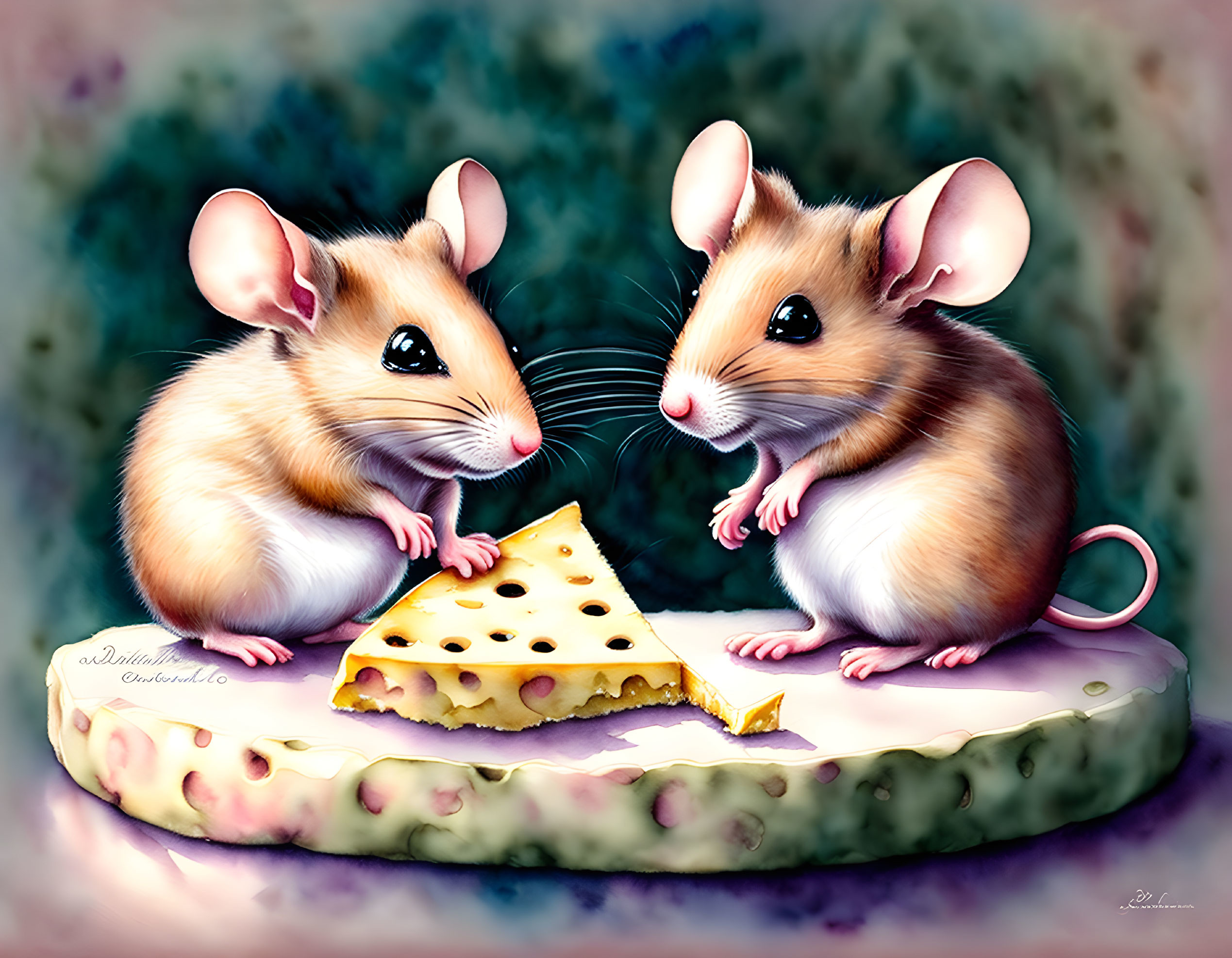 Illustrated mice sharing cheese on soft surface