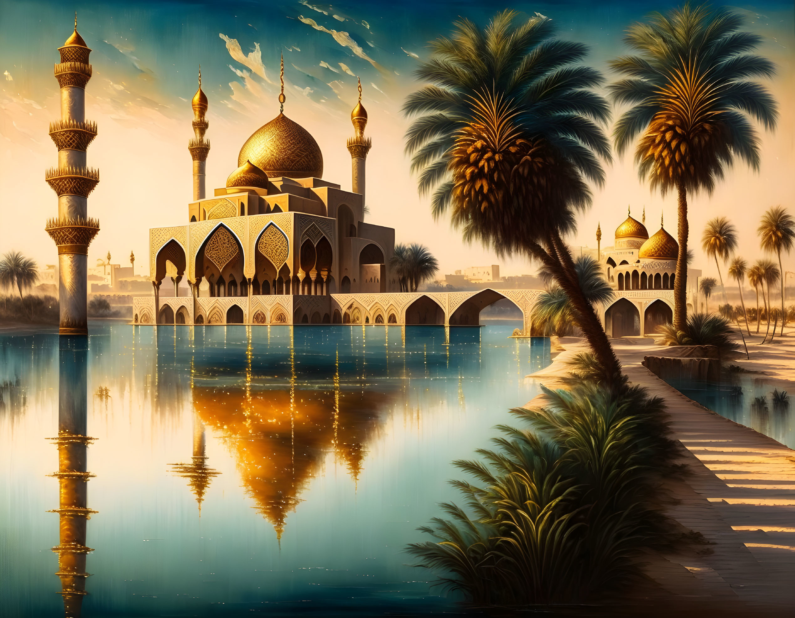 Ornate mosque with domes and minarets by water and palm trees