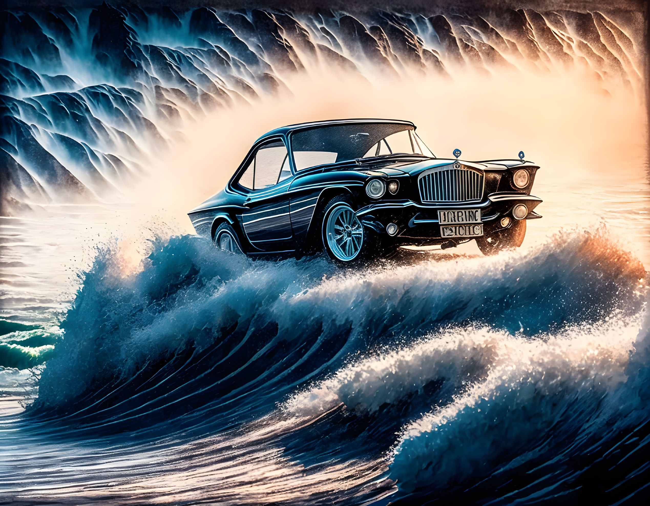 Vintage black car rides blue waves by a waterfall