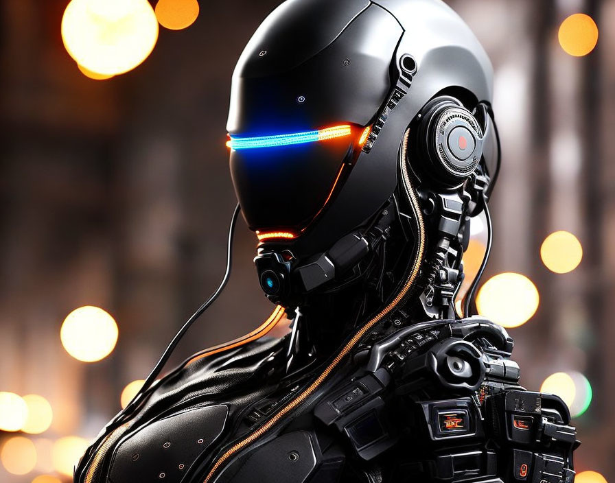 Detailed futuristic robot with black helmet and blue visor in mechanical suit against blurred background with warm bokeh