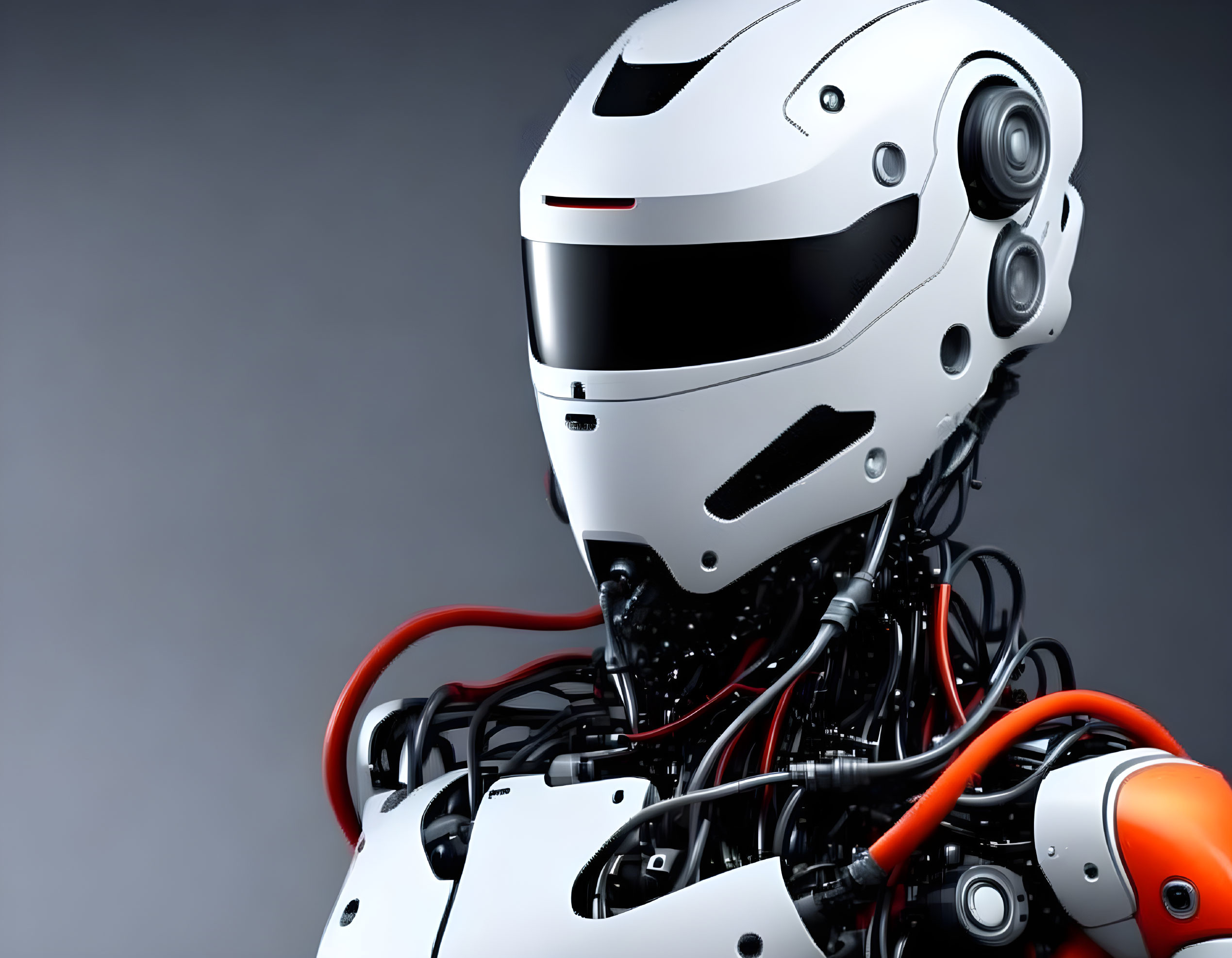 Conceptual robotic head with white design, red cables, and intricate internal mechanics.