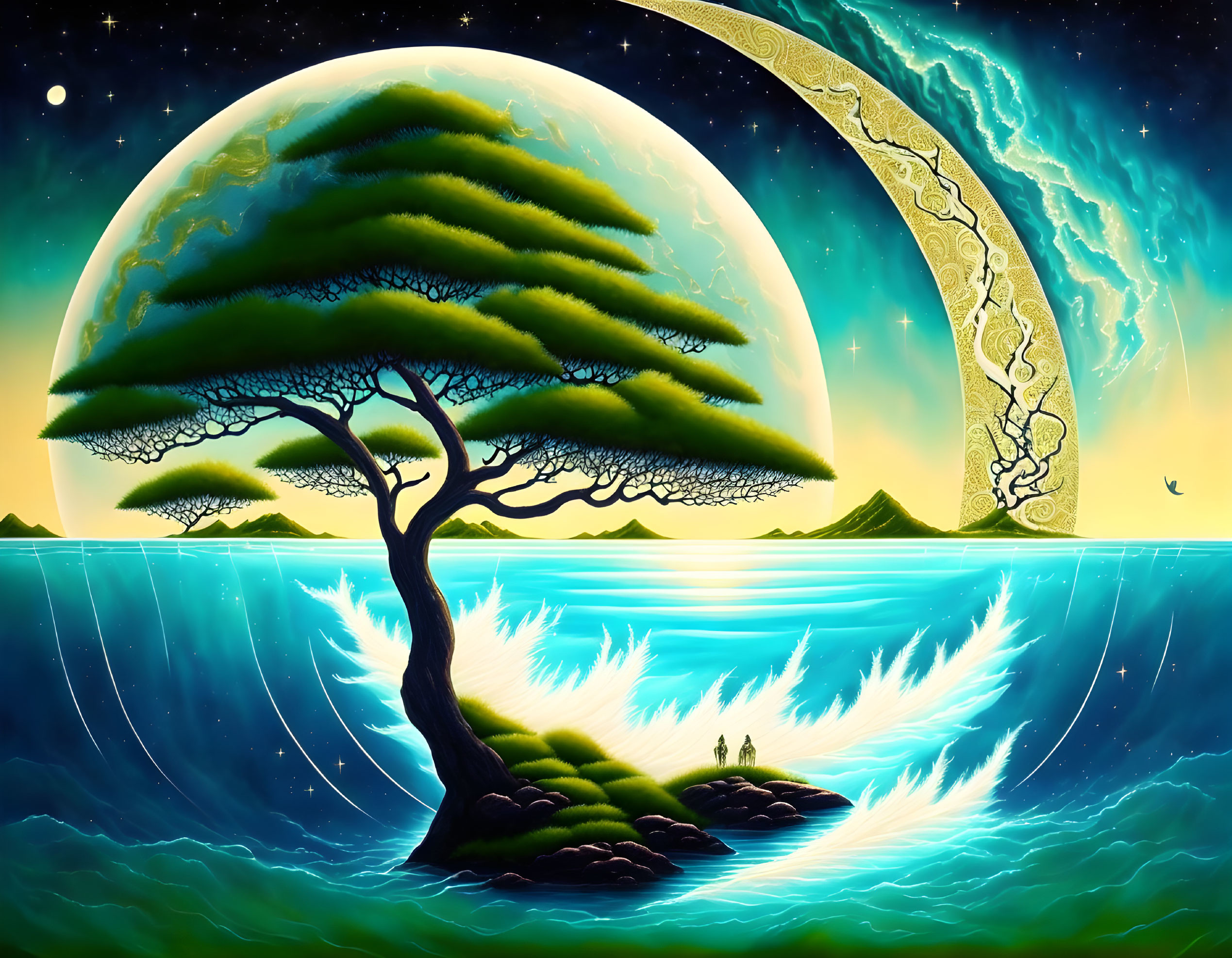 Surreal artwork of lone tree on island with giant moon, wavy sea, stars, and