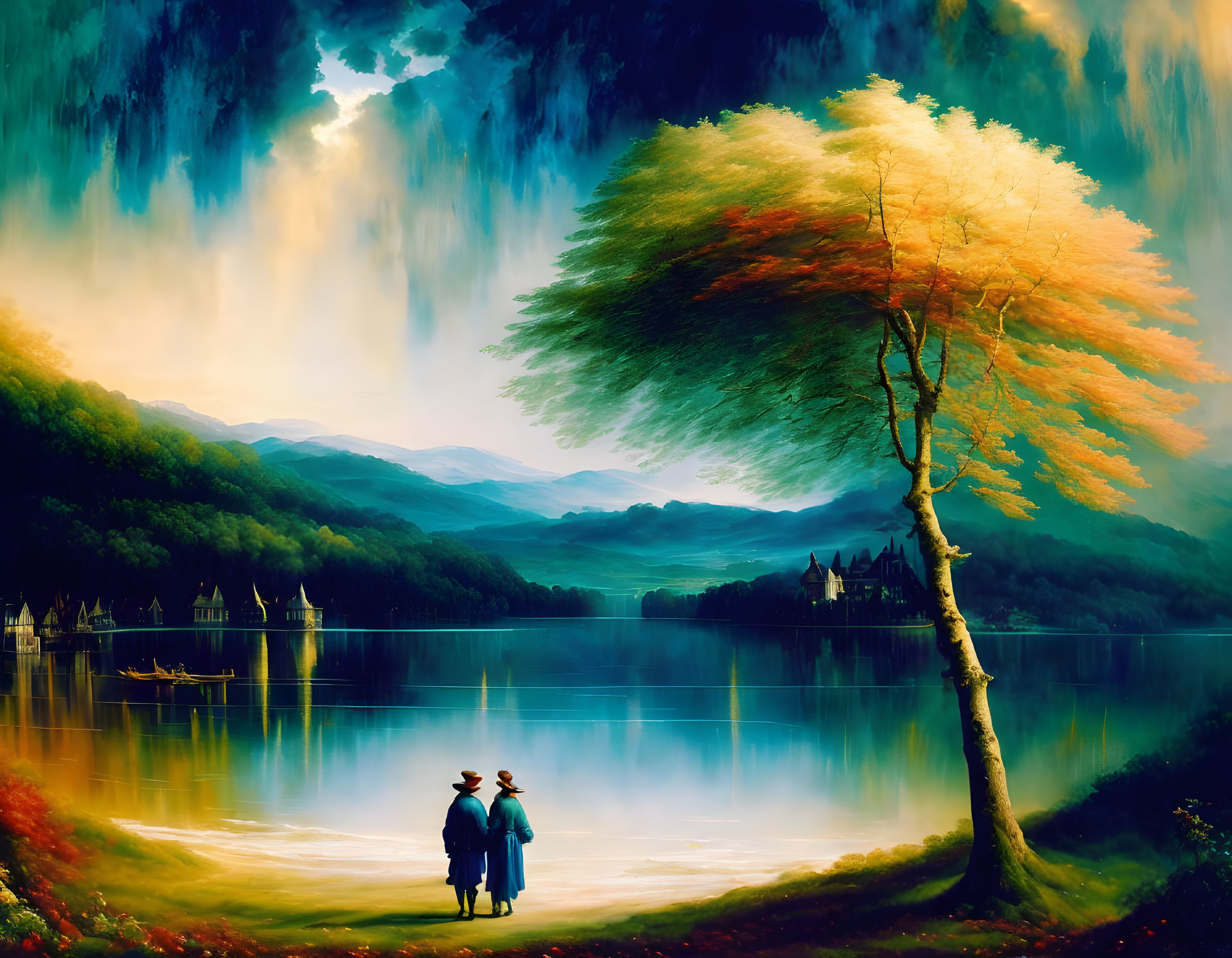 Couple admires distant castle in serene lake landscape