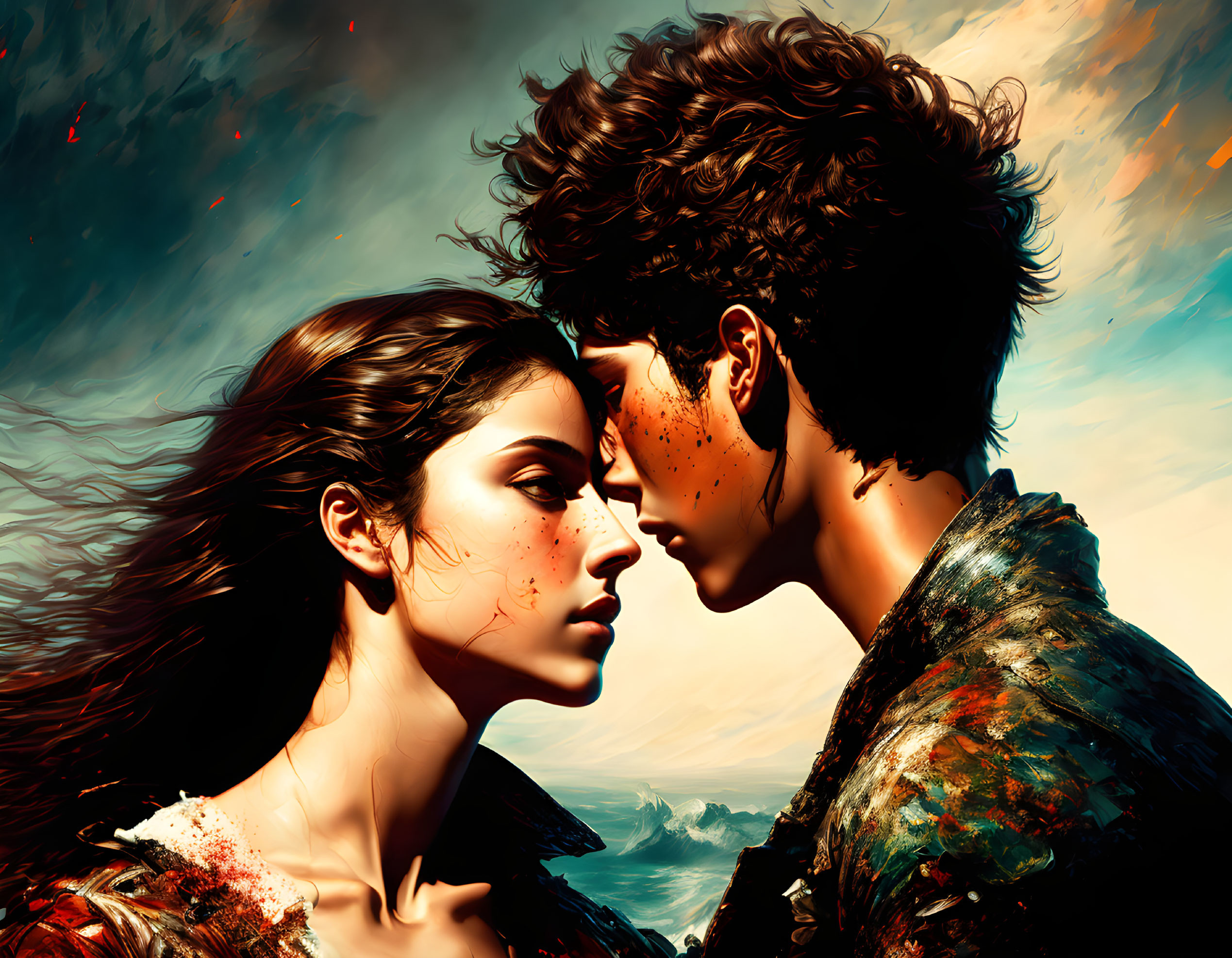 Digital painting: Romantic close-up pose of man and woman with intense gazes, set against turbulent sea