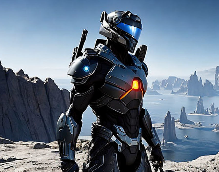 Futuristic armored figure with glowing lights in rugged landscape