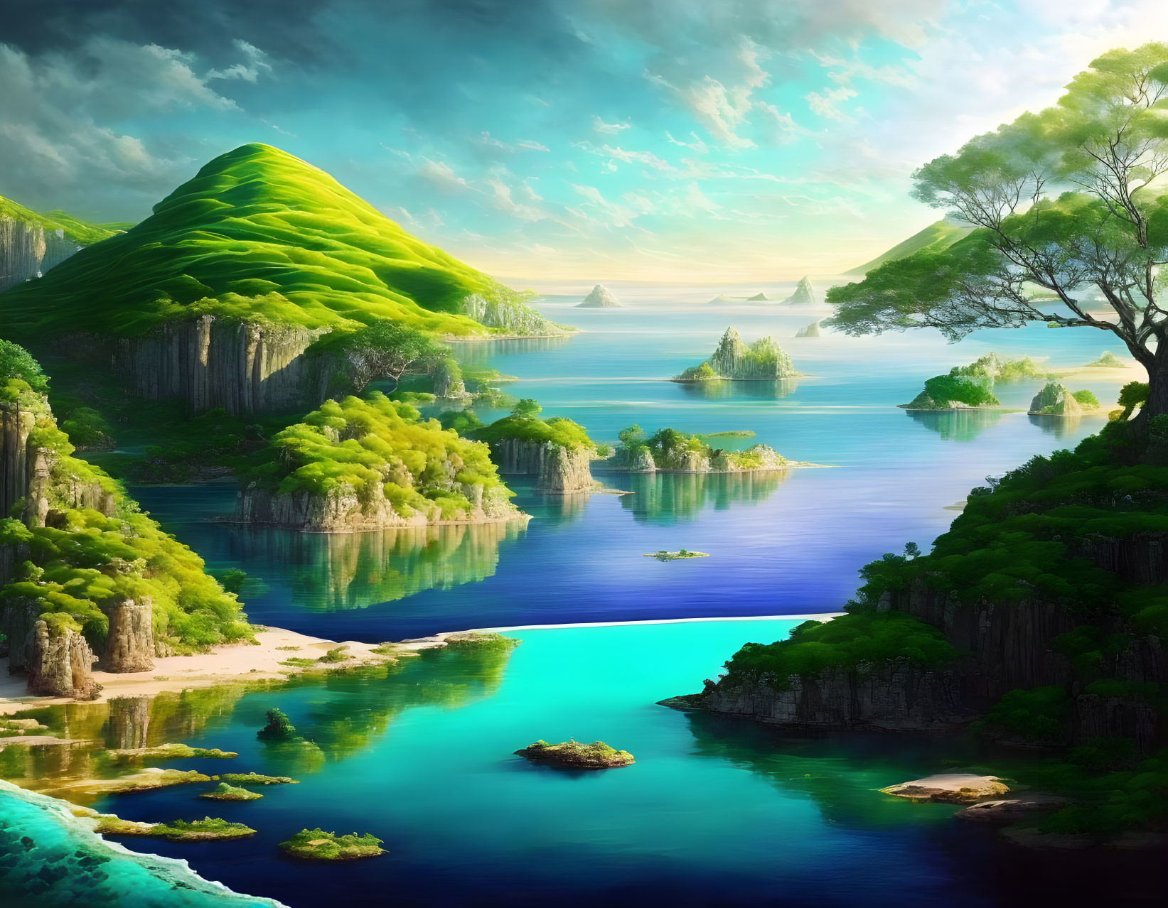 Tranquil landscape with green mountains, blue waters, cliffs, trees, and distant islands