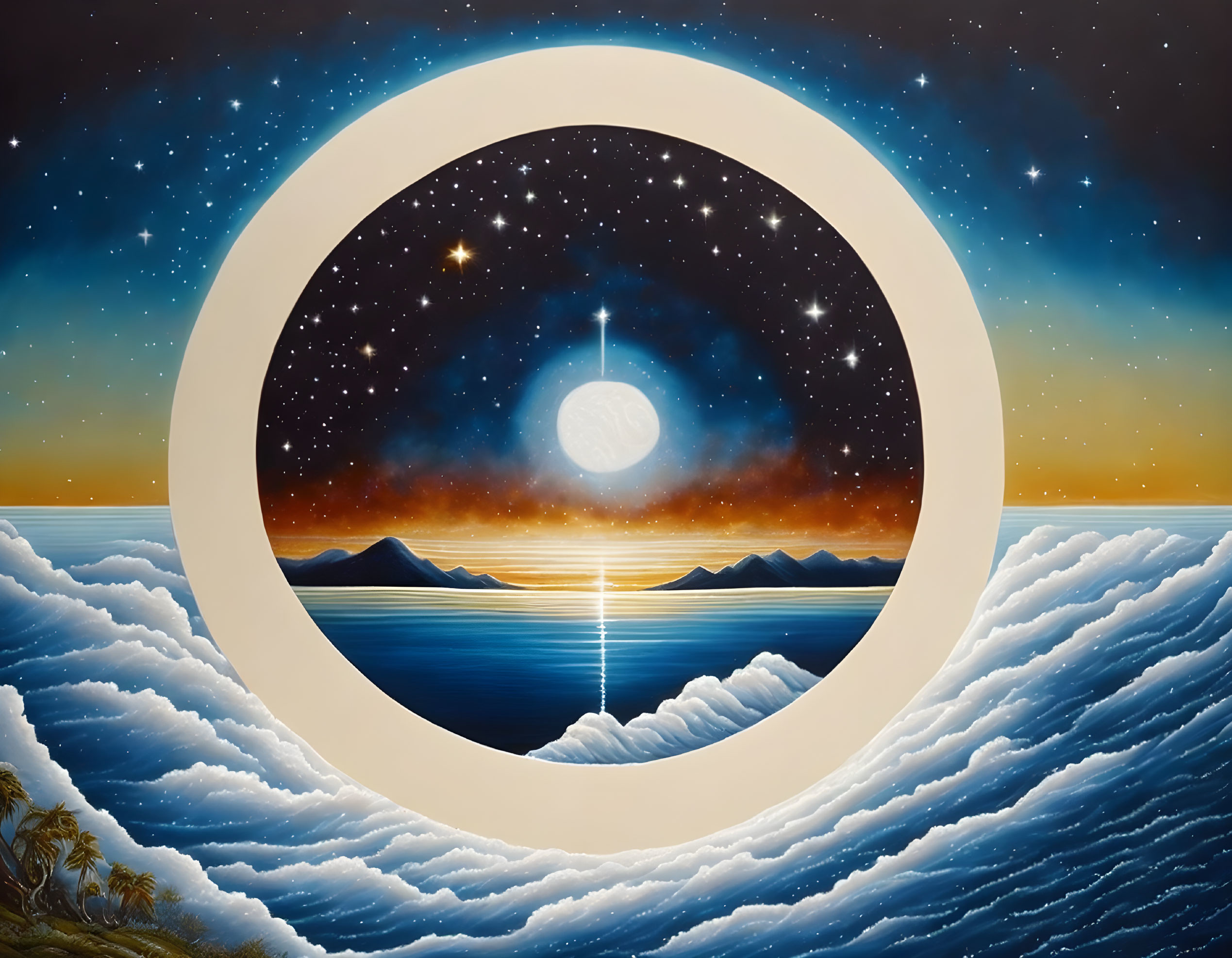 Surreal painting of night sky, full moon, ocean, mountains, clouds, trees