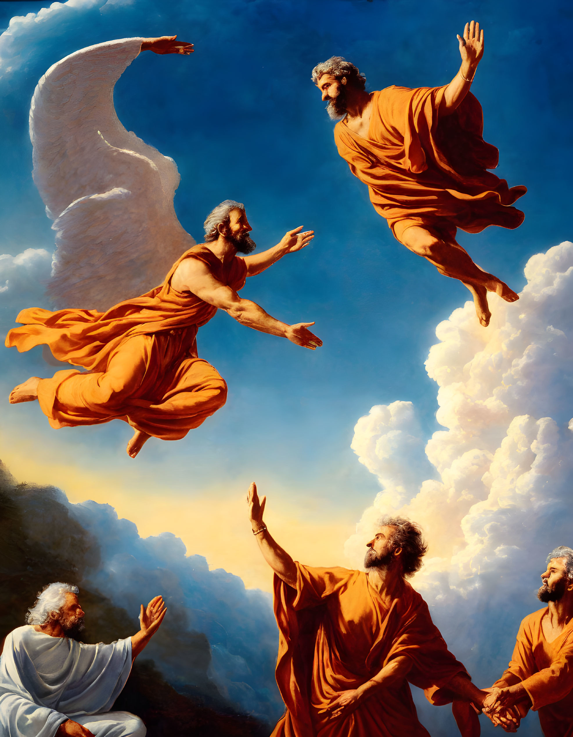 Classical figures in robes ascend through clouds under blue sky