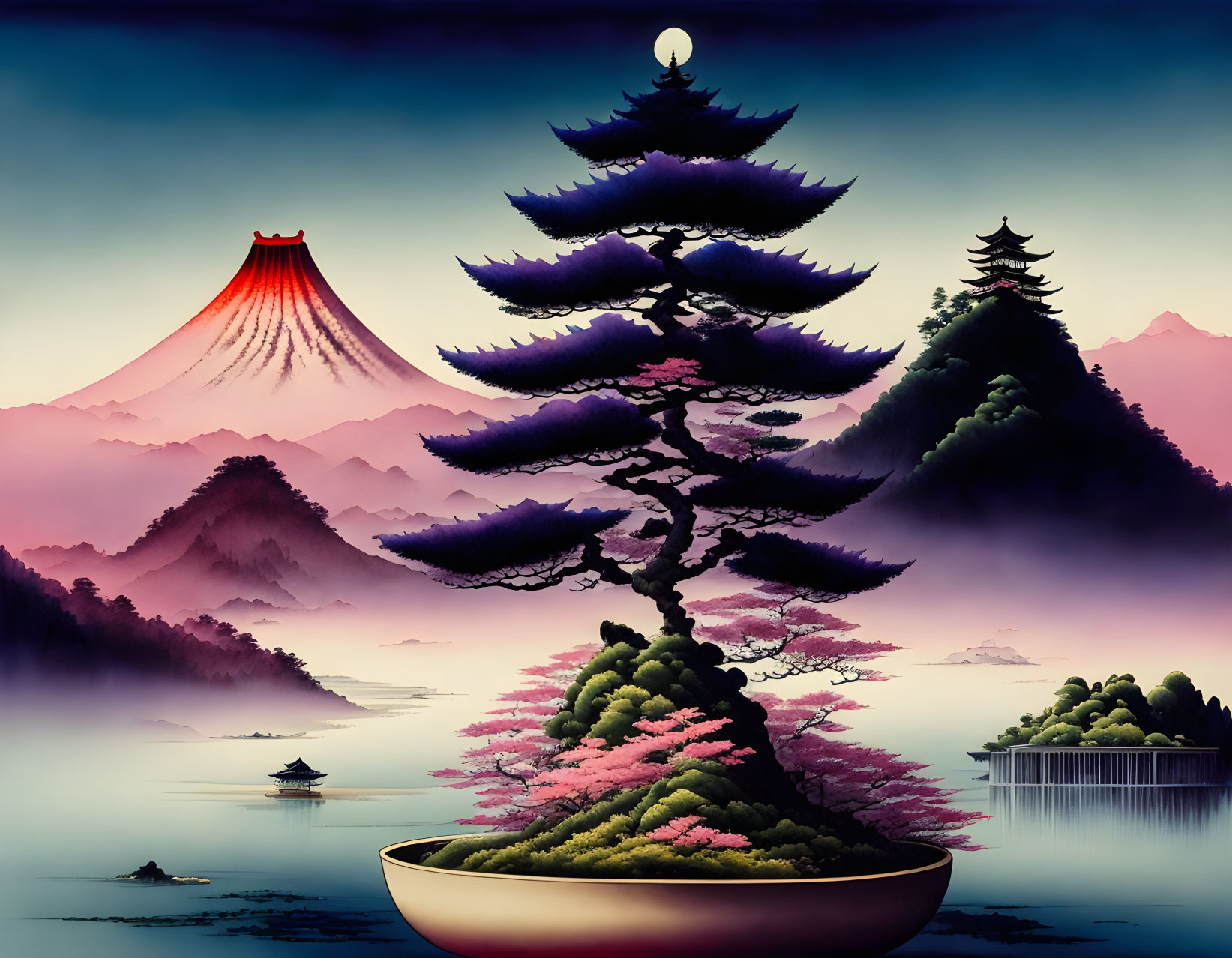 Surreal artwork: Bonsai tree, Mount Fuji, lake, pagodas