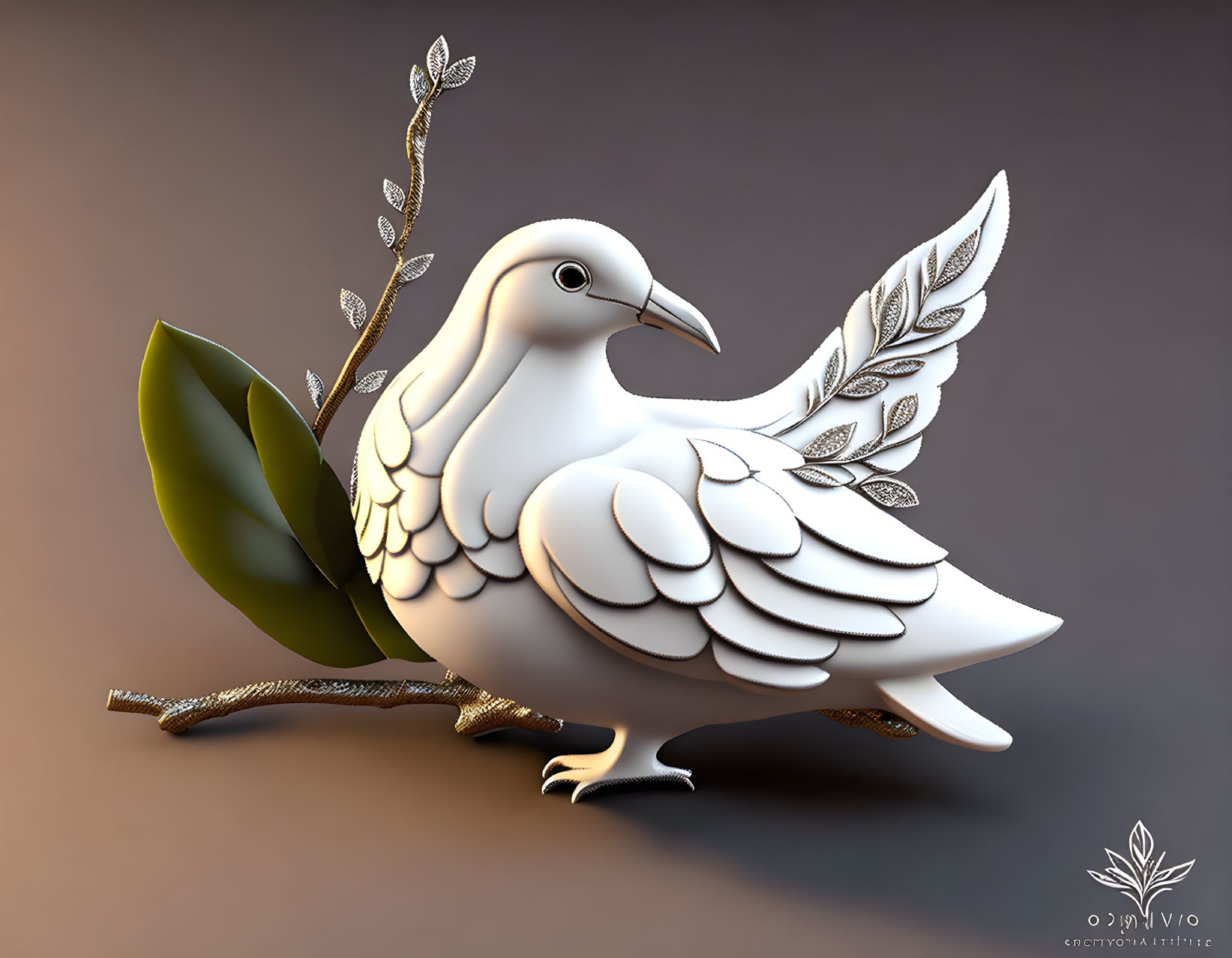 Stylized 3D-rendered white dove on branch symbolizing peace