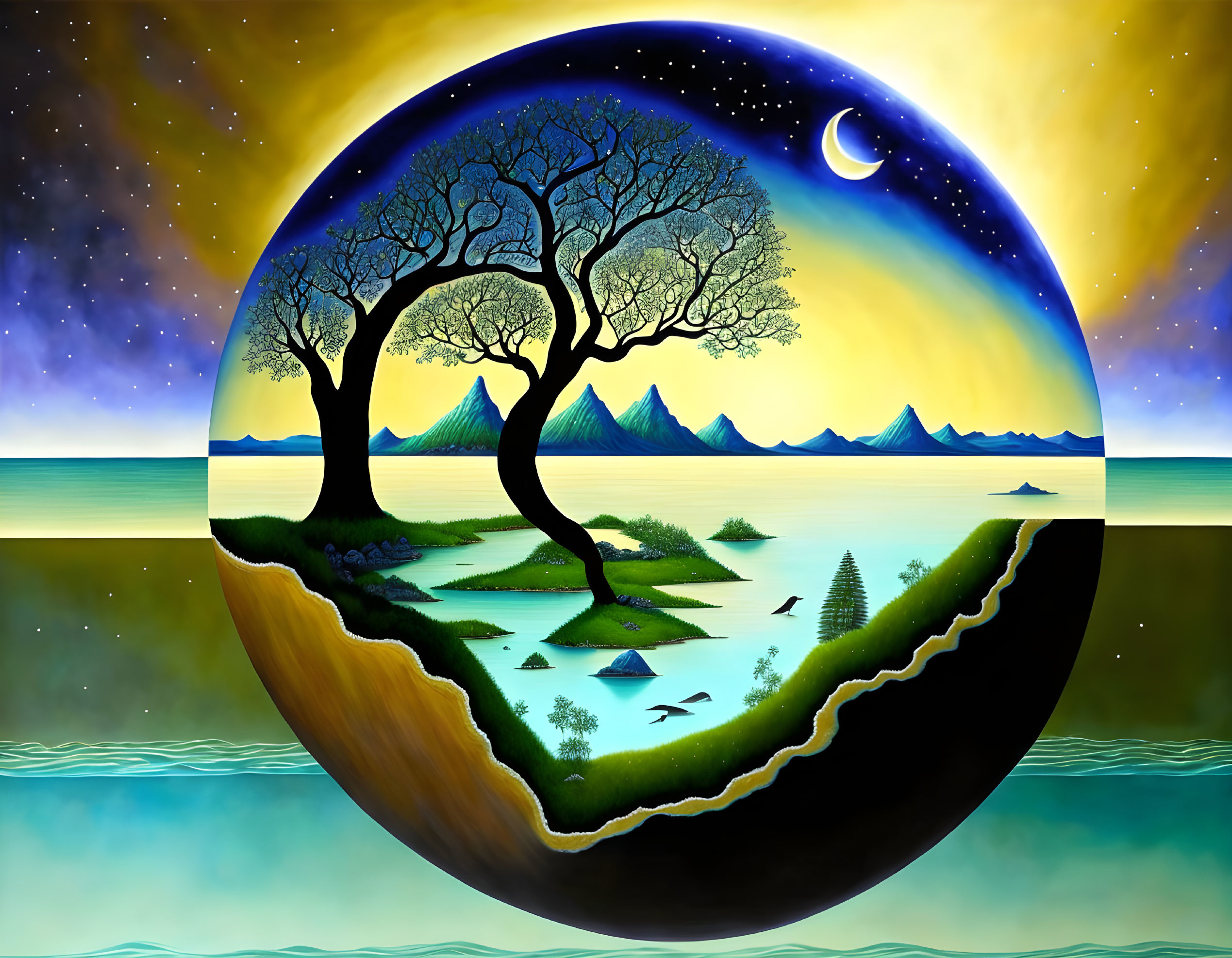 Surreal circular landscape with lake, trees, mountains, starry sky, and crescent moon