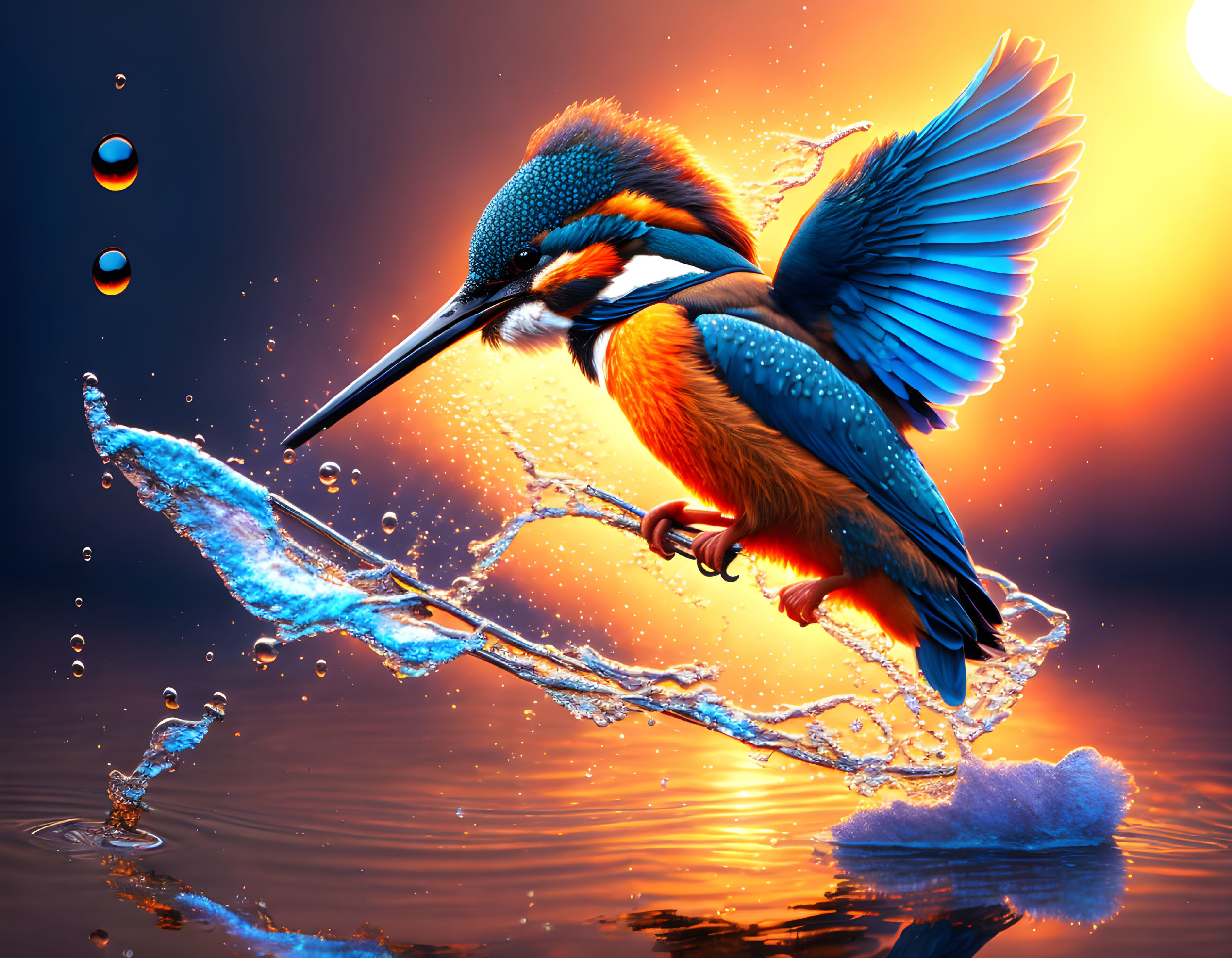 Colorful Kingfisher Bird Swooping Over Water at Sunset