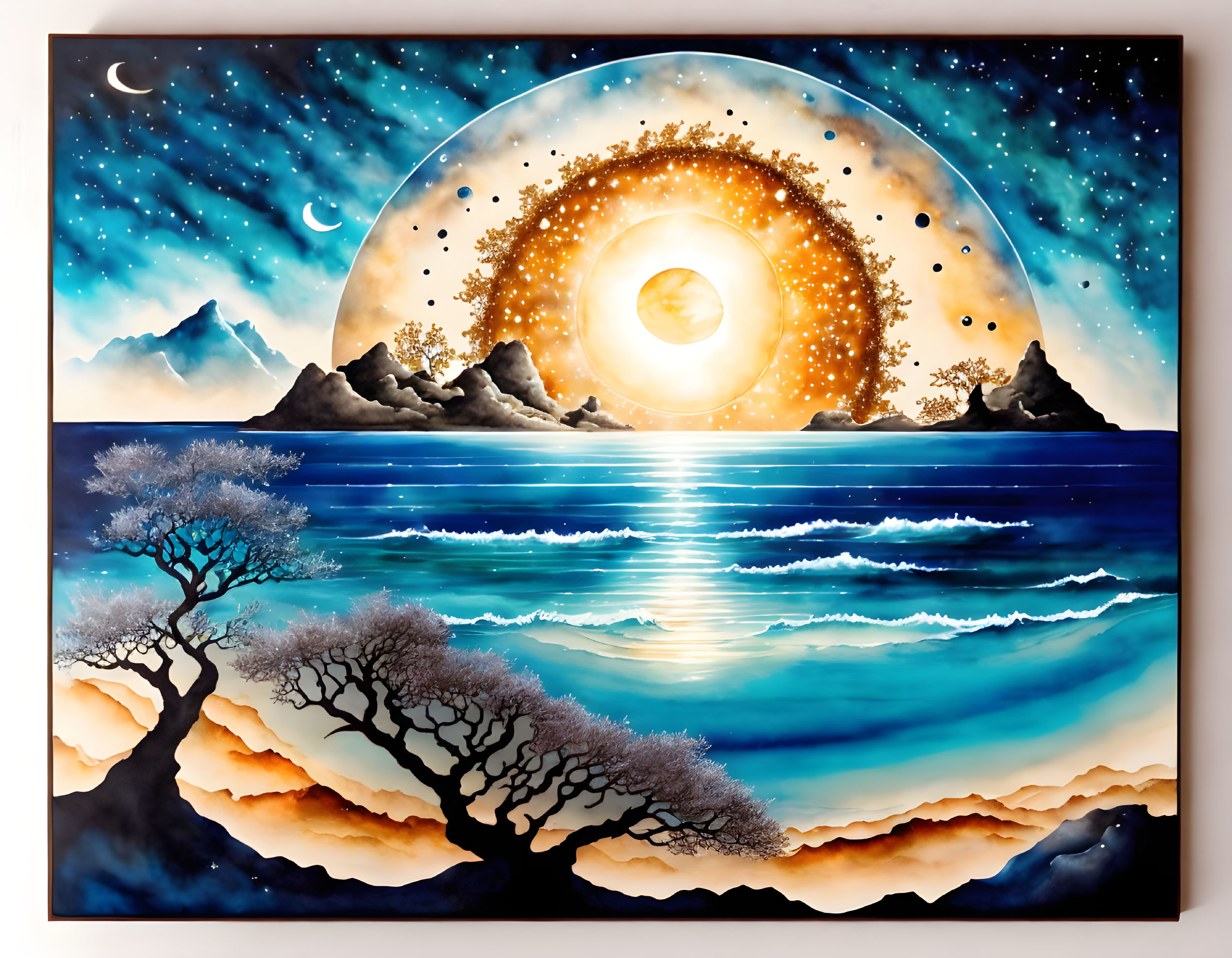 Colorful circular motif above serene seascape with mountains and starry sky