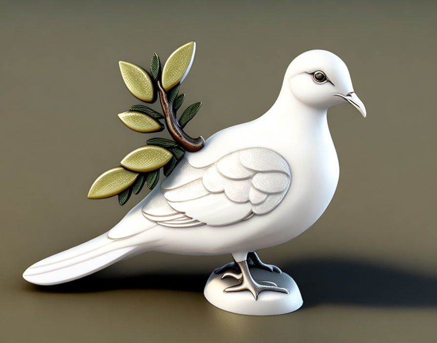 White Dove 3D Illustration with Olive Branch on Neutral Background