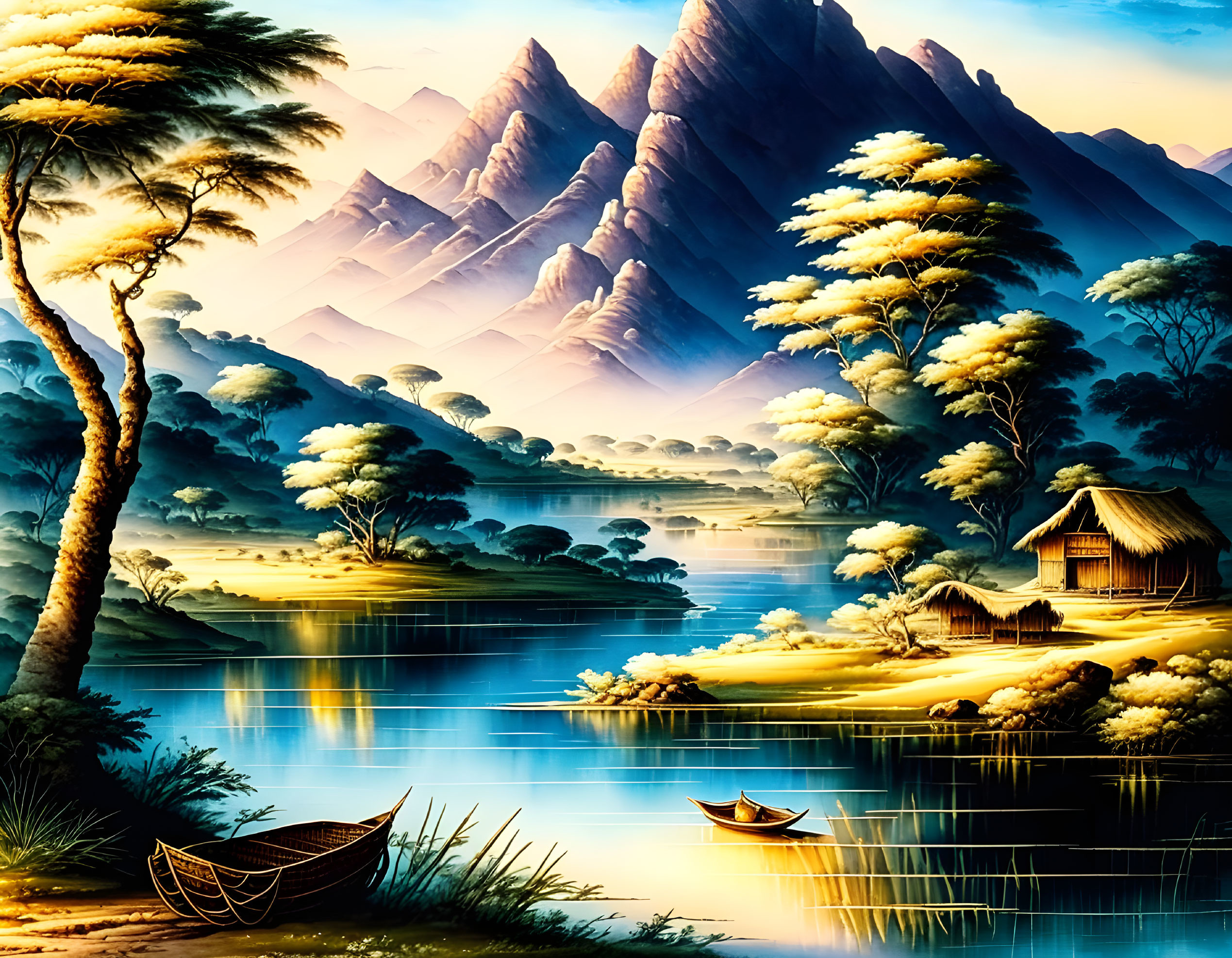 Scenic riverside painting with hut, boats, trees, and mountains