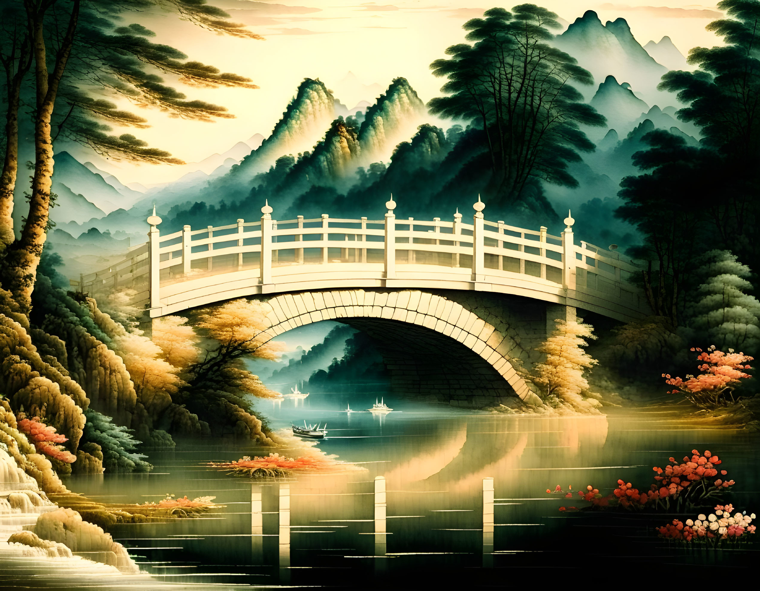 Tranquil river with white arched bridge, colorful trees, misty mountains