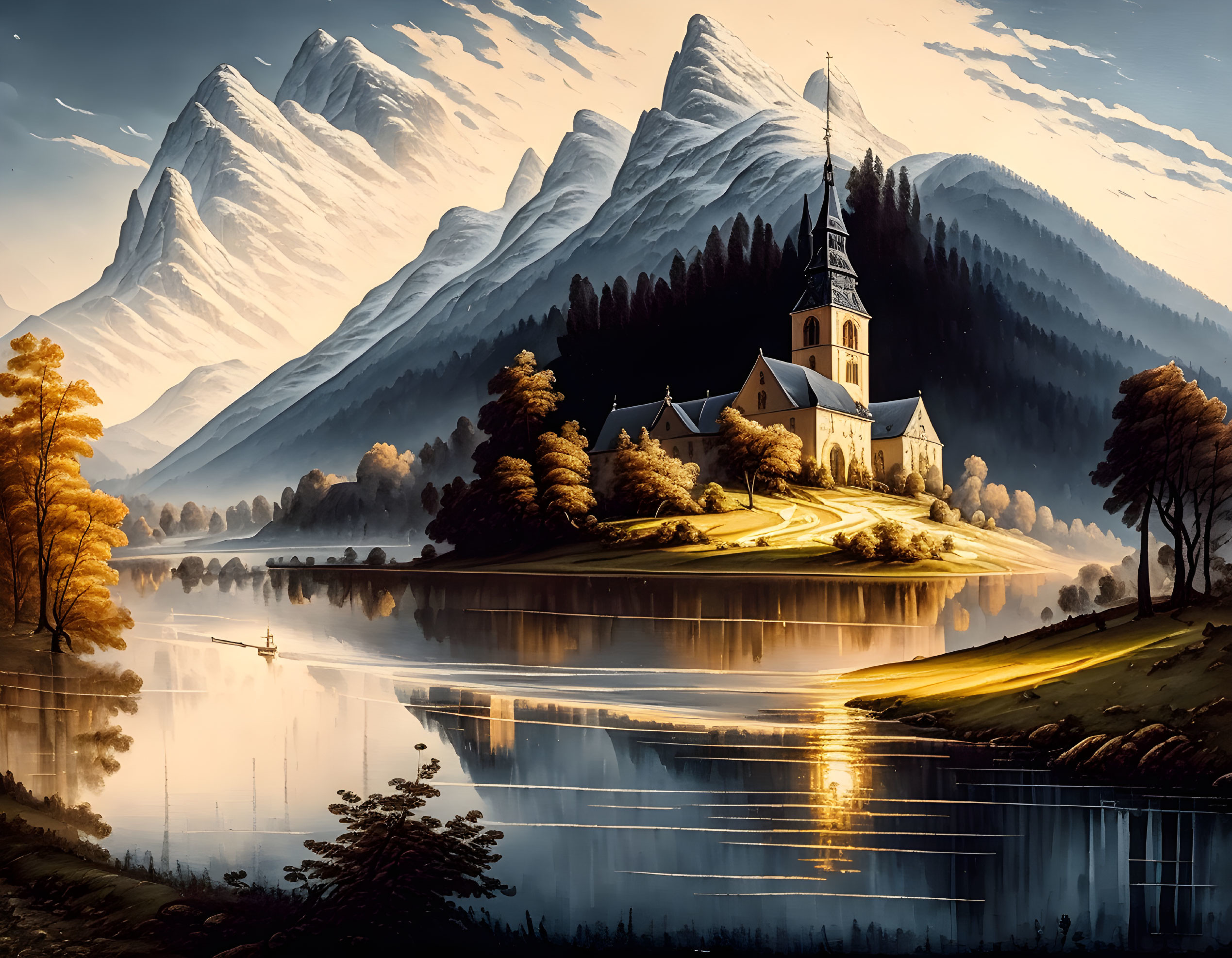 Autumn church landscape by lake with snowy mountains