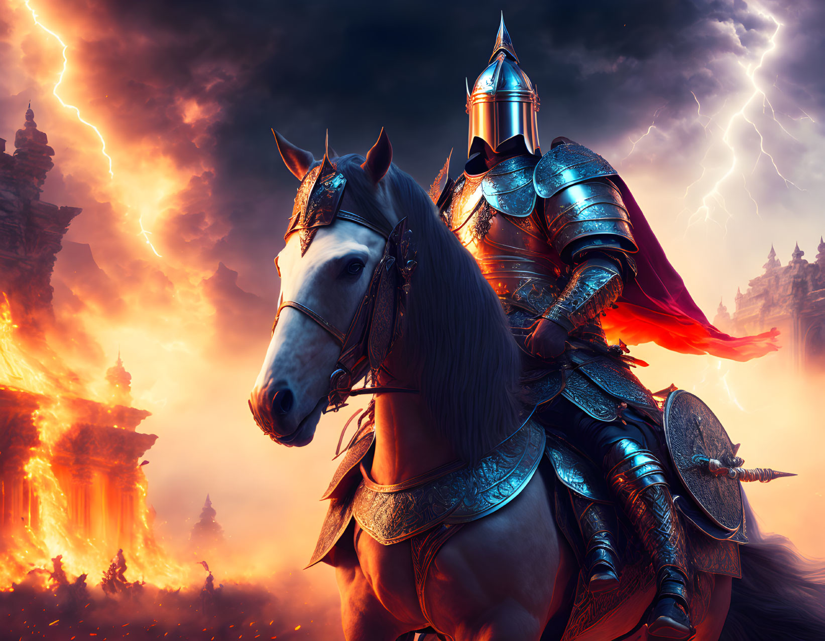 Armored knight on horseback in dramatic scene with lightning and fire