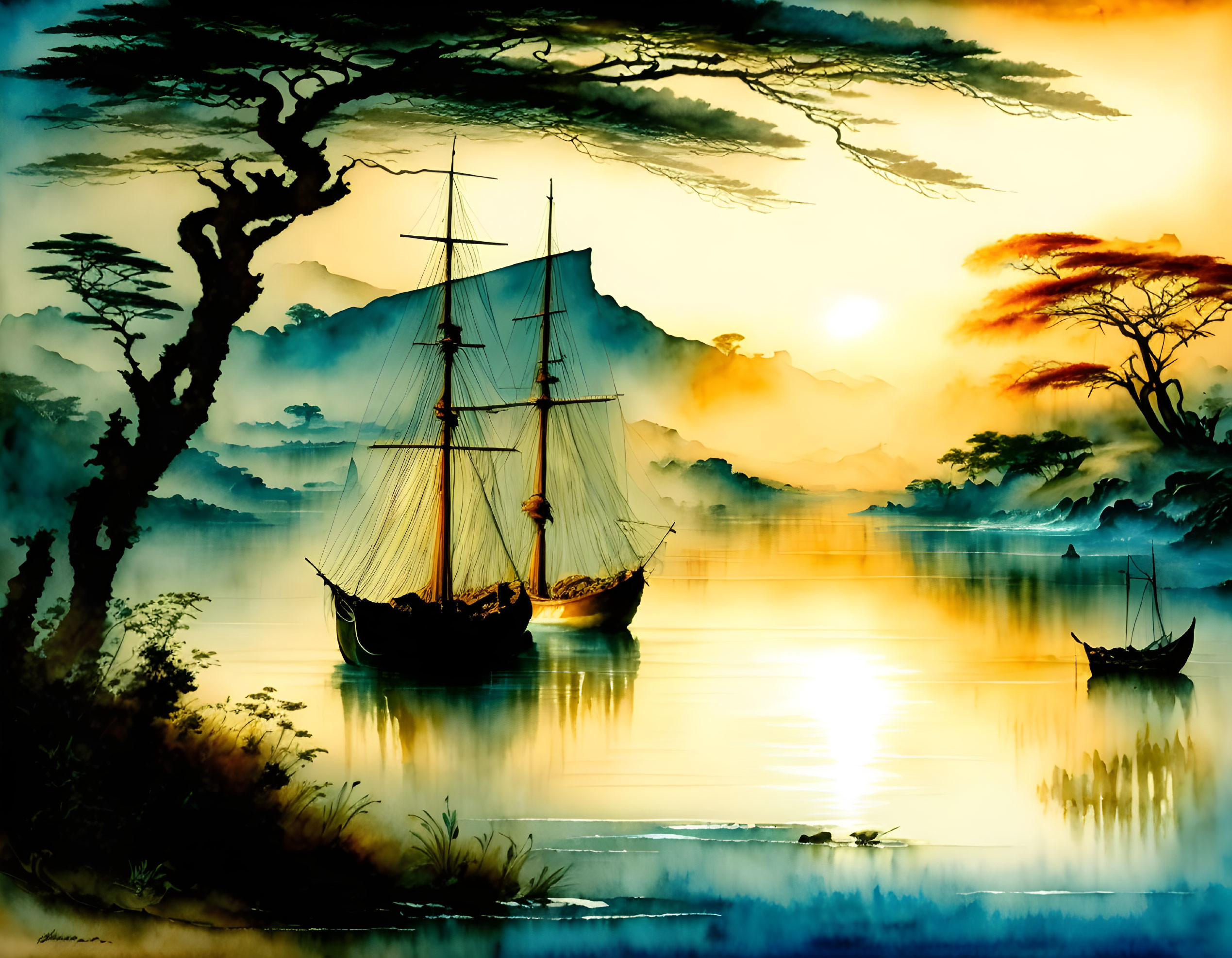 Tranquil painting of sailing ship on calm waters at sunrise