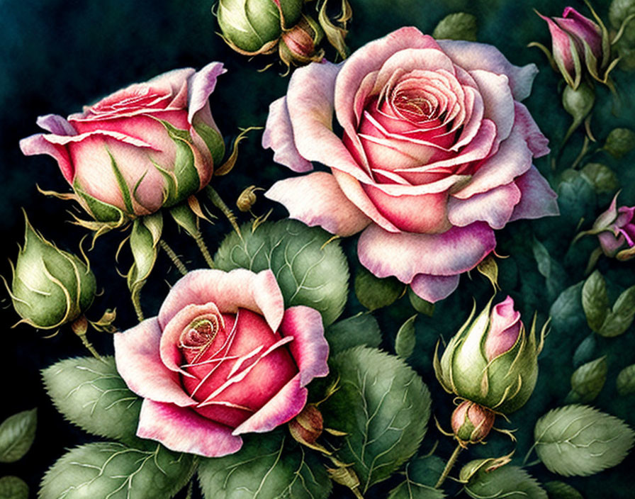 Three Vibrant Pink Roses with White and Green Leaves on Dark Background