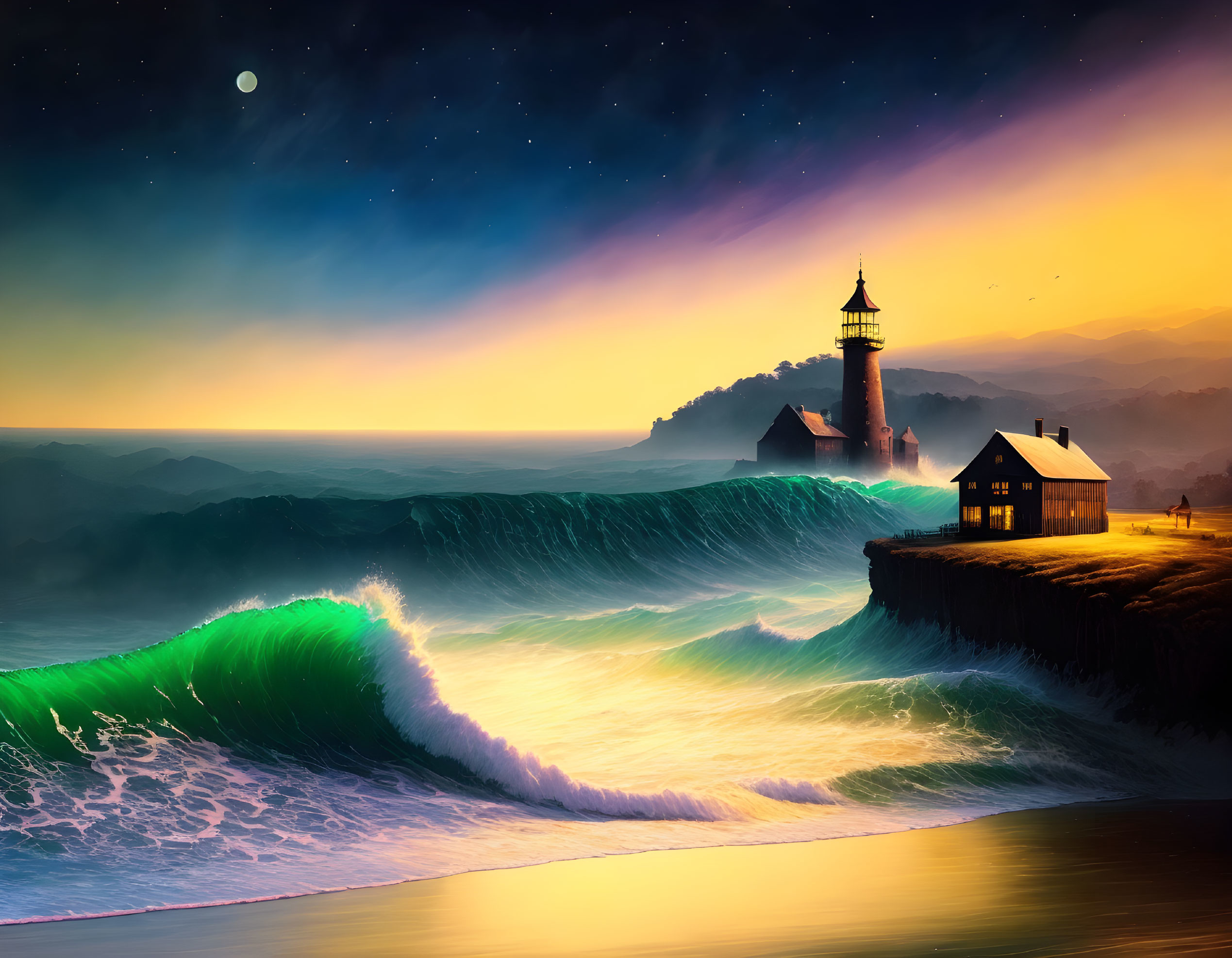 Coastal Dusk Scene: Lighthouse, Cliffs, House, Glowing Waves, Star