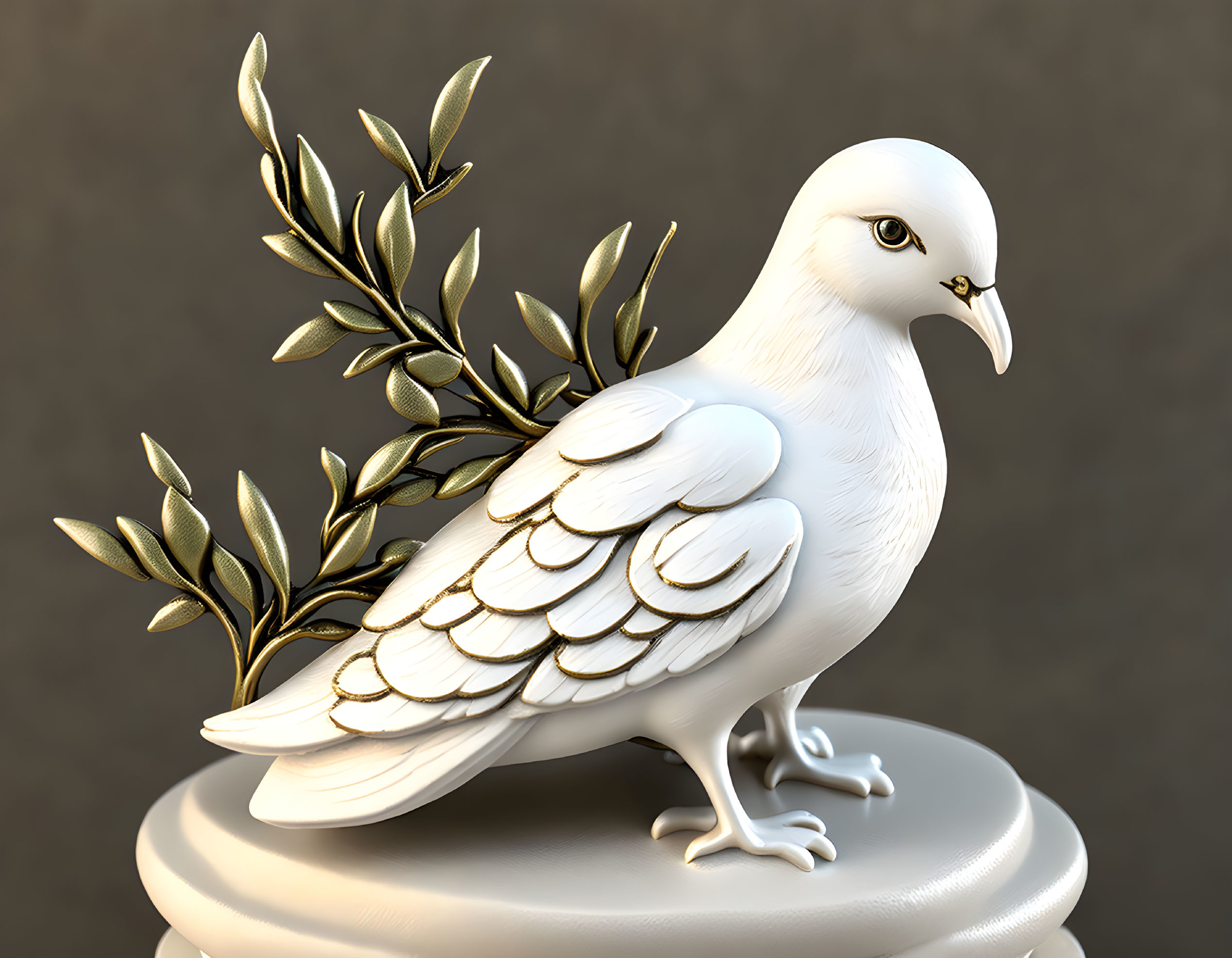 White Dove Sculpture with Golden Olive Branches on Pedestal Symbolizing Peace