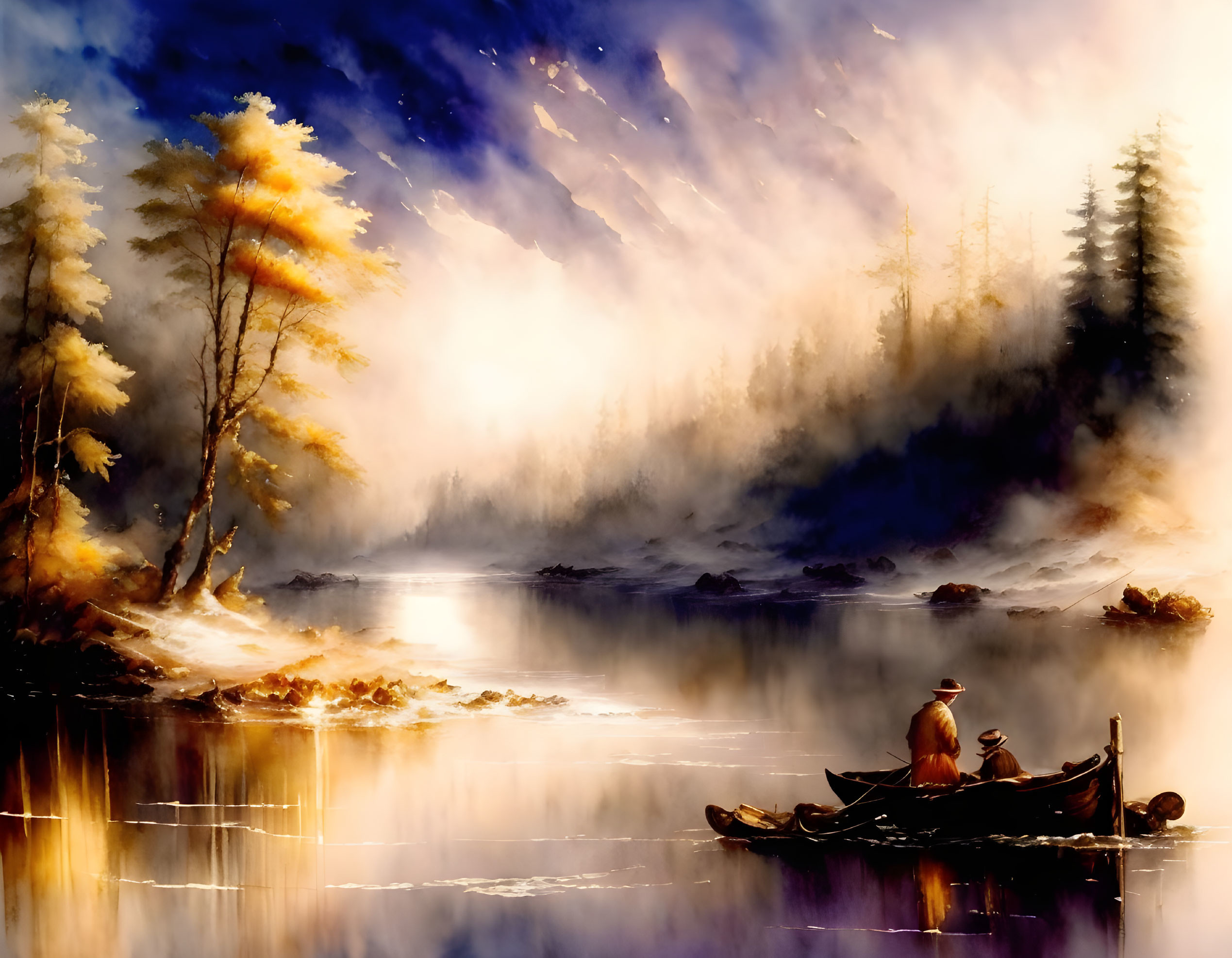 Tranquil river landscape with person in boat amidst autumn trees