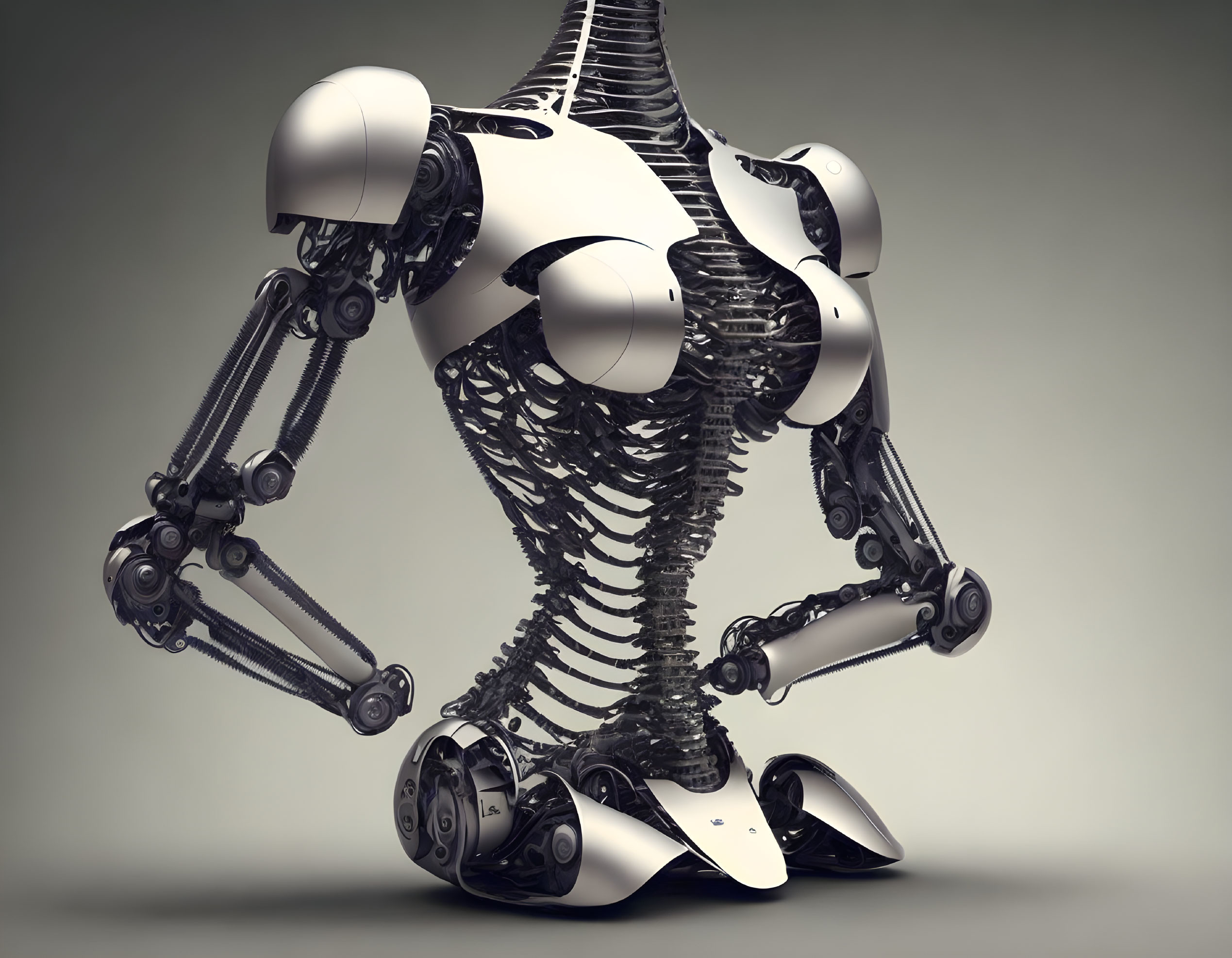 Futuristic humanoid robot with spine-like structure and wheeled limbs