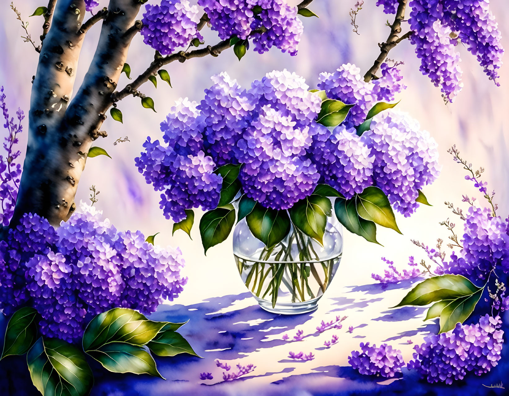 Vibrant painting of purple hydrangeas in clear vase against whimsical backdrop