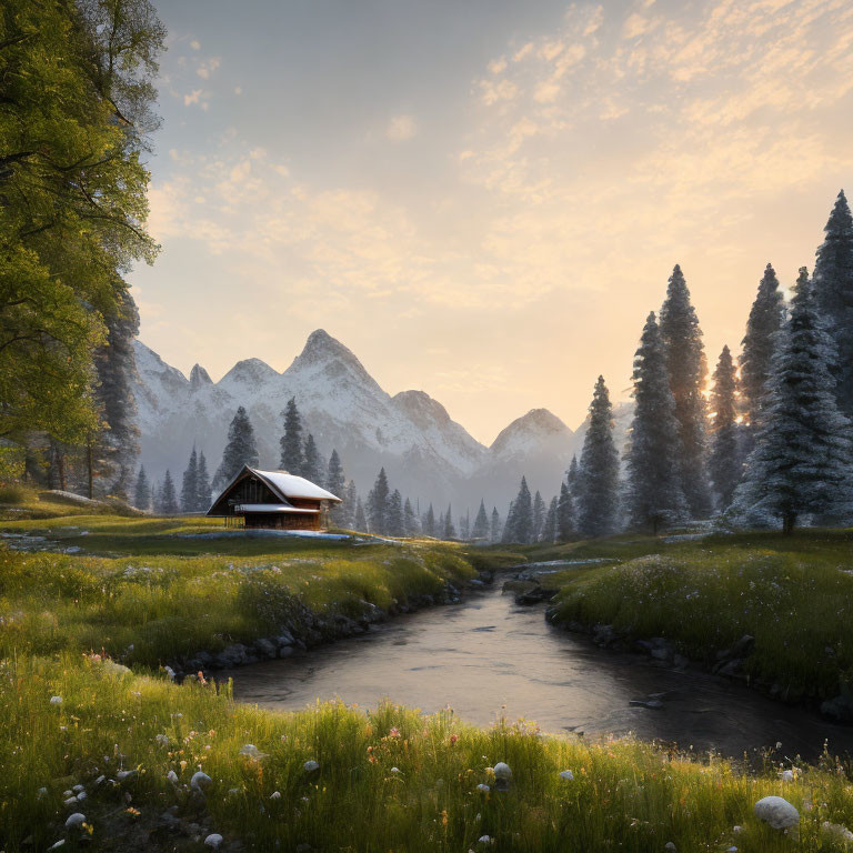 Tranquil landscape: cabin, stream, forest, mountains at sunrise/sunset