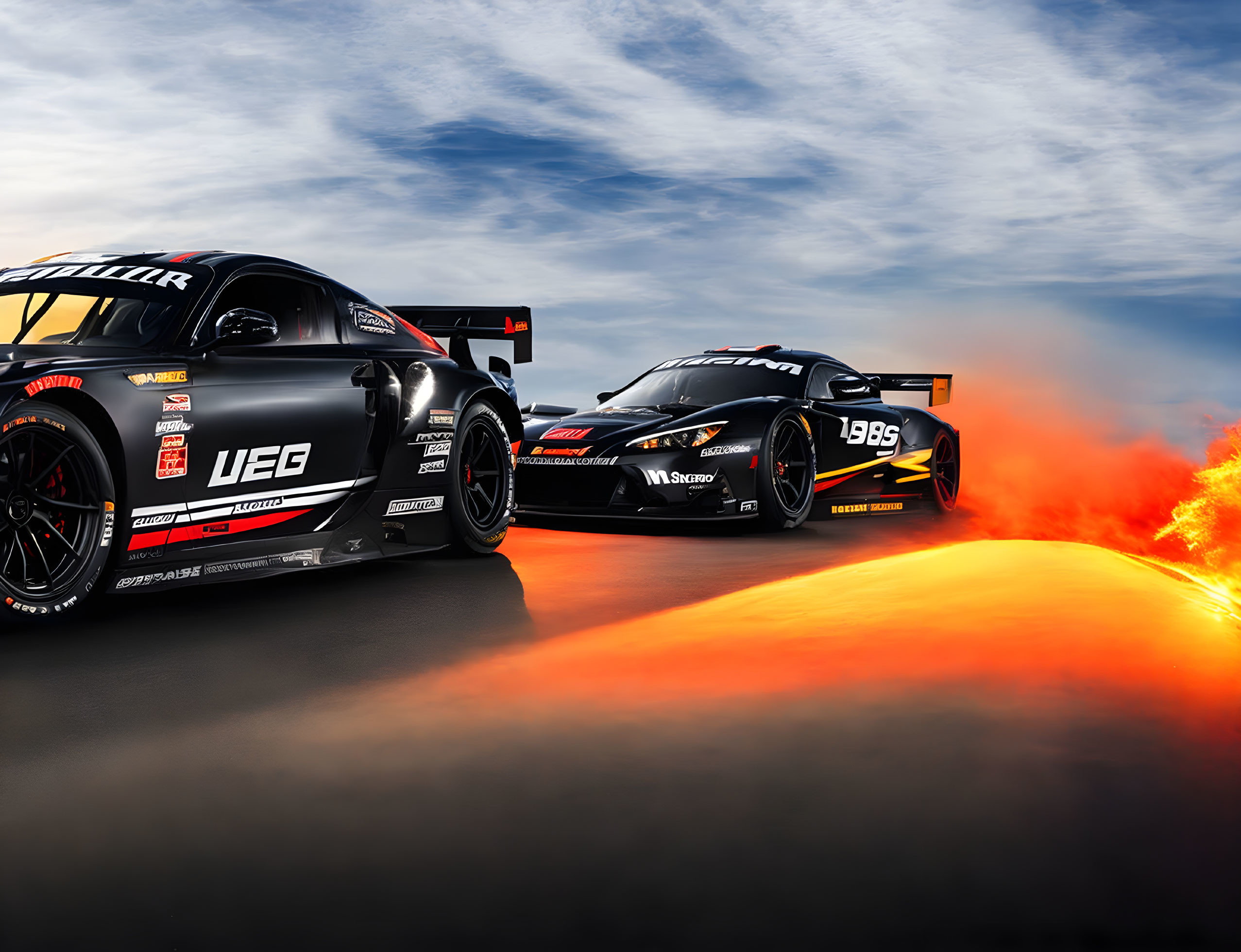 Two Racing Cars Emitting Flames Under Dramatic Sky