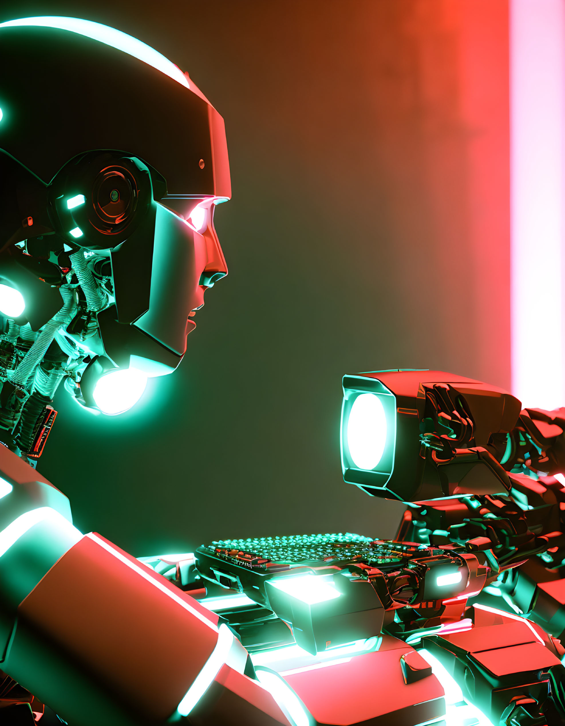 Futuristic humanoid robot with green and red neon lights