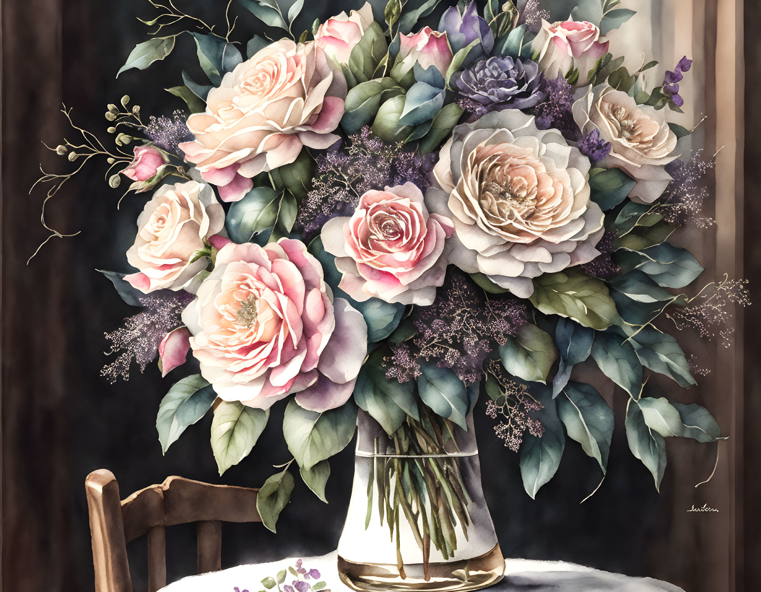 Pastel Roses and Purple Flowers in White Vase on Wooden Table