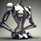 Futuristic humanoid robot with spine-like structure and wheeled limbs