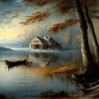 Tranquil fantasy landscape: sunset, river, boat, houses on stilts, castle, autumn