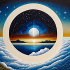 Surreal painting of night sky, full moon, ocean, mountains, clouds, trees