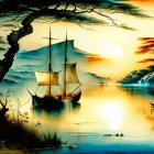 Tranquil painting of sailing ship on calm waters at sunrise