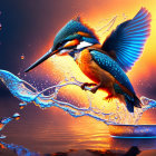 Colorful Kingfisher Bird Swooping Over Water at Sunset