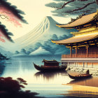 Japanese landscape: Mount Fuji, pagoda temples, boats, autumn trees in serene dusk.