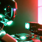 Futuristic humanoid robot with green and red neon lights