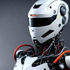 Conceptual robotic head with white design, red cables, and intricate internal mechanics.