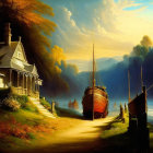 Victorian house beside glowing path with ships, misty mountains, dynamic sky