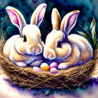 Illustrated rabbits in nest with colorful eggs on dreamy blue background