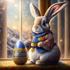 Regal bunny with decorated egg in snowy window scene.